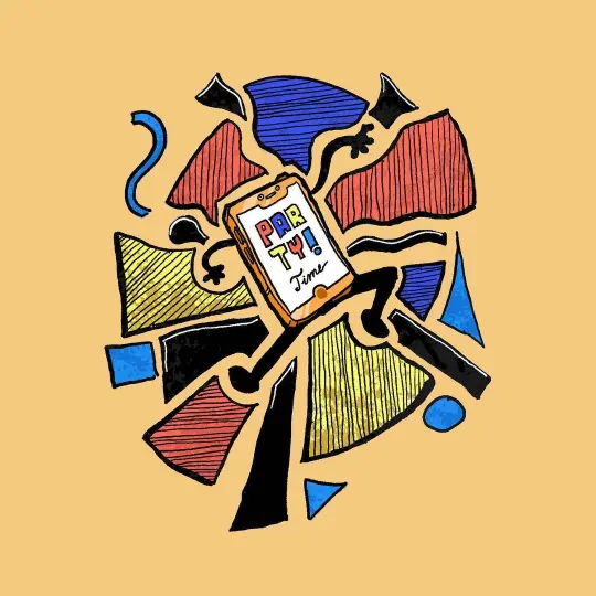 Illustration of an anthropomorphized smart phone dancing. The phone's screen is displaying the word 'party'.