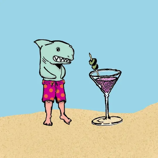 Illustration of a creature whose top half is a shark and bottom half is a human wearing swim trunks. The creature is looking at a 6 foot tall martini glass.