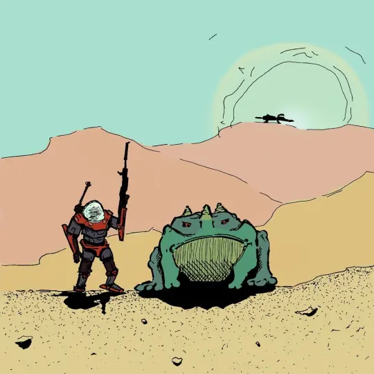 Illustration of an astronaut standing next to a giant toad in the desert.