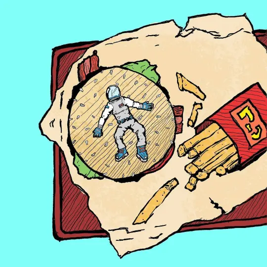illustration of a tiny astronaut laying ontop of a burger bun.